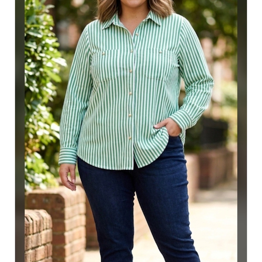 Philosophy Women's Green White Striped Button Down Blouse Shirt Plus Size 1X NWT